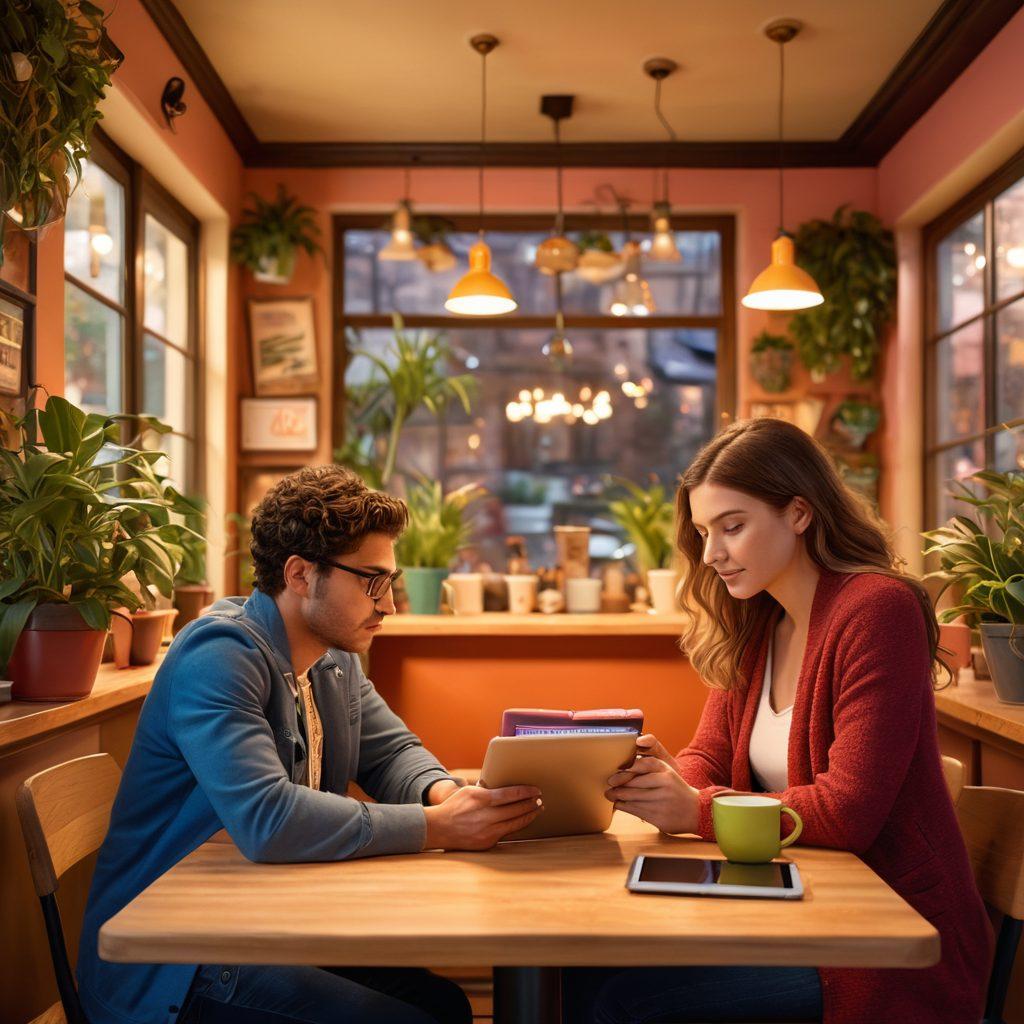 A romantic setting featuring two individuals engaged in collaborative learning, surrounded by smart organization tools like digital tablets and colorful notebooks. The background showcases a cozy coffee shop ambiance with soft lighting and plants, emphasizing warmth and connection. The scene should radiate affection and teamwork, with warm tones and heart motifs subtly integrated. super-realistic. vibrant colors. warm background.