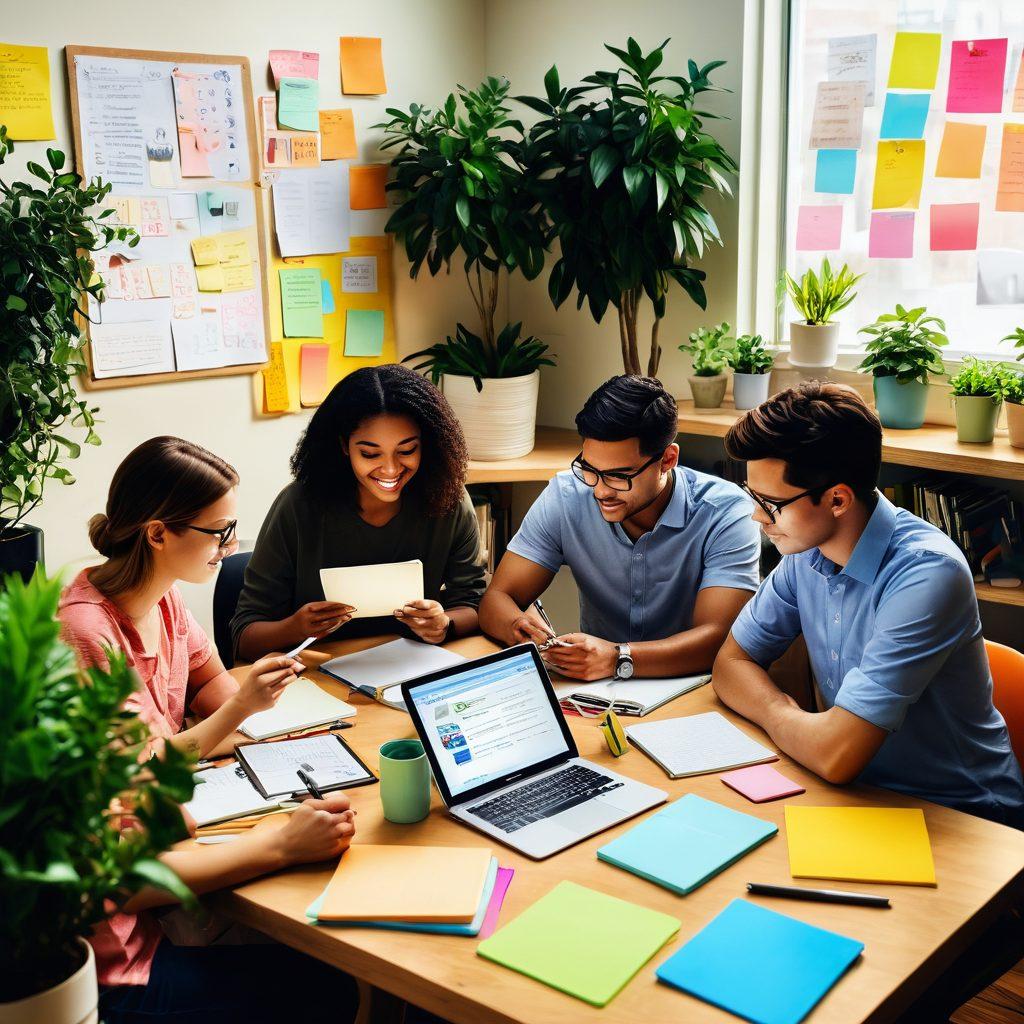 A warm and inviting workspace showcasing a diverse group of individuals collaborating around a modern digital device, surrounded by colorful notes, plants, and educational materials. The scene should convey a sense of affection and growth, integrating elements of technology with nurturing vibes, such as post-it notes, tablets, and books. soft lighting. vibrant colors. illustration.