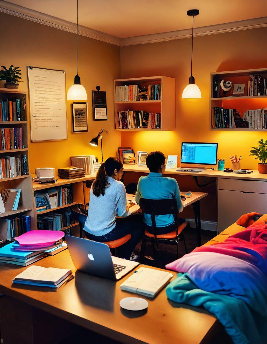 A cozy study room with a couple sitting together, surrounded by colorful study materials and tech gadgets that symbolize collaboration. Include elements like laptops showing interactive screens, notebooks filled with notes, and coffee mugs. A warm, inviting atmosphere with soft lighting that conveys a sense of romance and productivity. Illustrate a balance between academia and affection. super-realistic. vibrant colors. warm lighting.